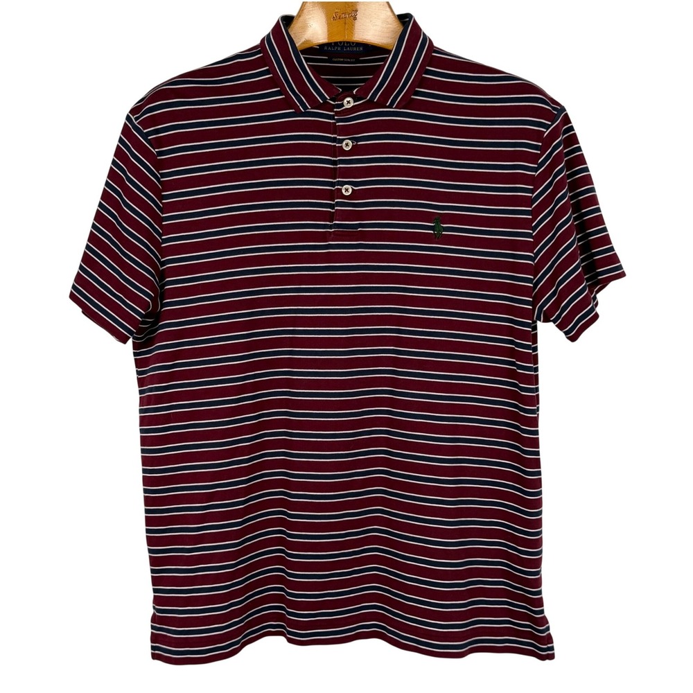 Polo Ralph Lauren Polo Shirt Custom Slim Fit Large Burgundy Navy Striped Cotton
